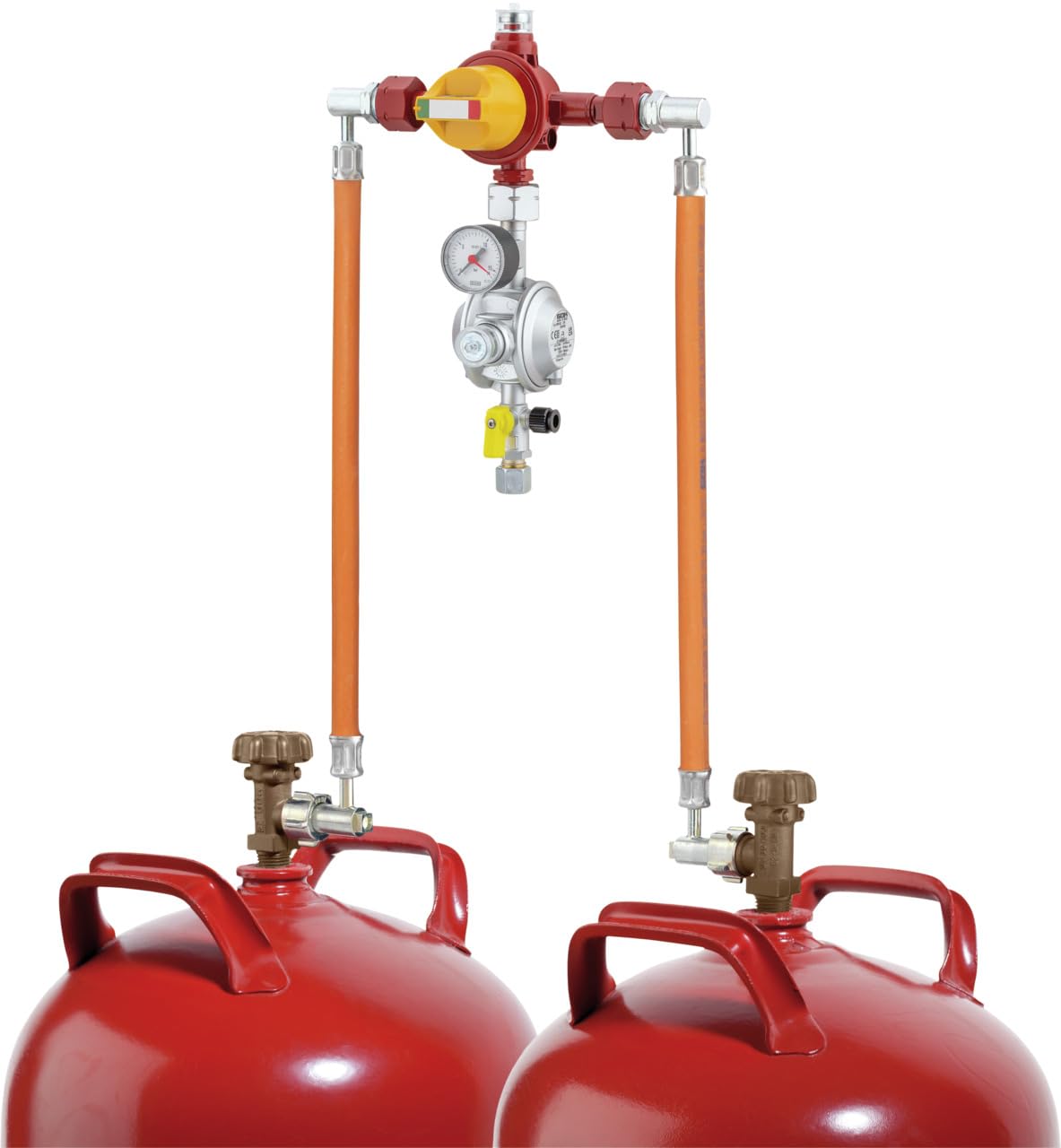 AUV - Sistema de válvula de conmutación automática para bombonas de gas, doble botella con regulador de baja presión, probador de fugas y protección contra sobrepresión, color rojo, hasta 16