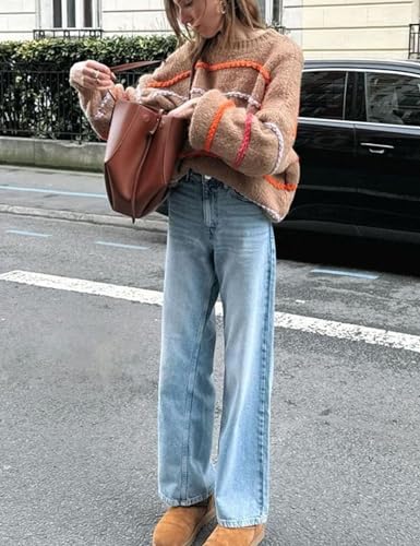 QIBABU Womens Striped Sweaters Casual Lantern Sleeve Color Block Knit Pullover Sweater Tops4