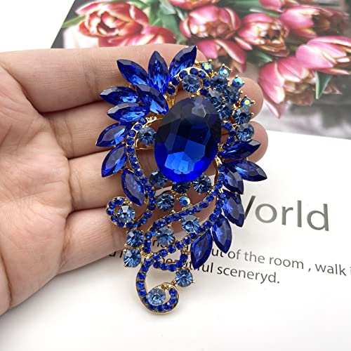 Image of YOQUCOL Vintage Blue Austrian Crystal Rhinestone Leaf Shape Big Large Brooch Pin for Women Girls