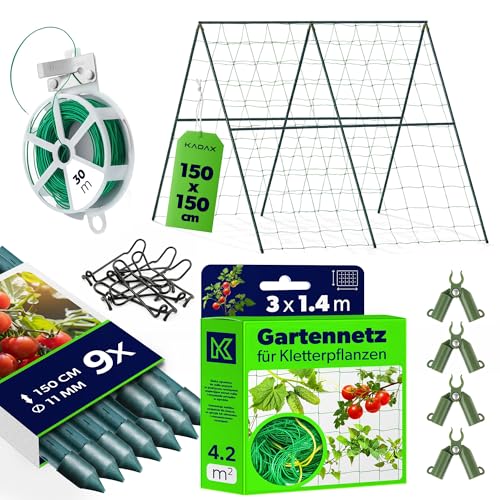 KADAX Gurken Rankhilfe Set 9 x Pflanzstab 150 cm Ranknetz 3 x 1 4 m 4 x Pflanzstab-Verbinder 30 m Gartendraht Gurkengitter Rankgitter Gurkenspalier