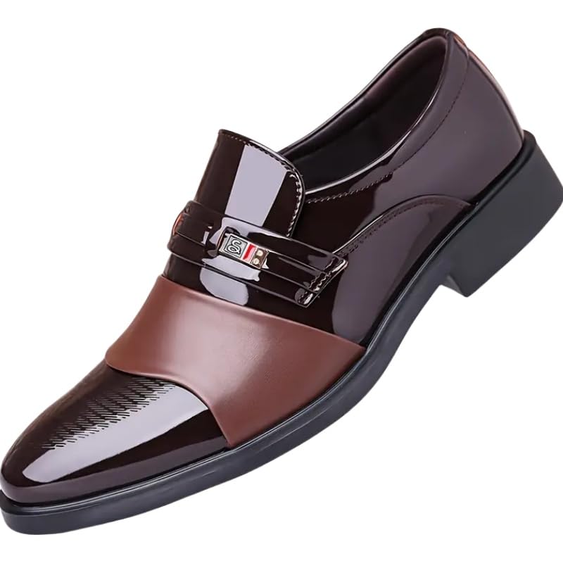 Men's Glossy Finish Dress Shoes - Business Casual Style, Solid Color, Pointed Toe, Slip-On Design, Rubber Sole, Comfortable for Work & Social Event