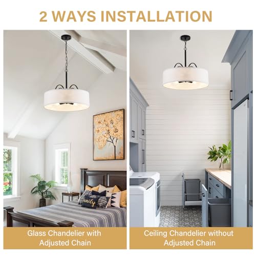 Hfyoxk LY022 Black Drum Chandelier Kitchen Island Lights, White Fabric Modern Farmhouse Chandeliers thumb #6