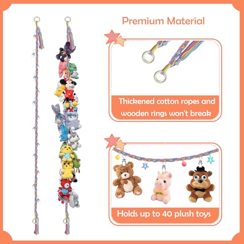 Image of 2PCS Stuffed Animals Storage Chain Organizers 80 inch Cotton Hanging Storage Chain with 2x 10 Led Light 40 Metal Clips Stuffed Animal Display Holder Chain for Nursery Play Room (Rainbow)