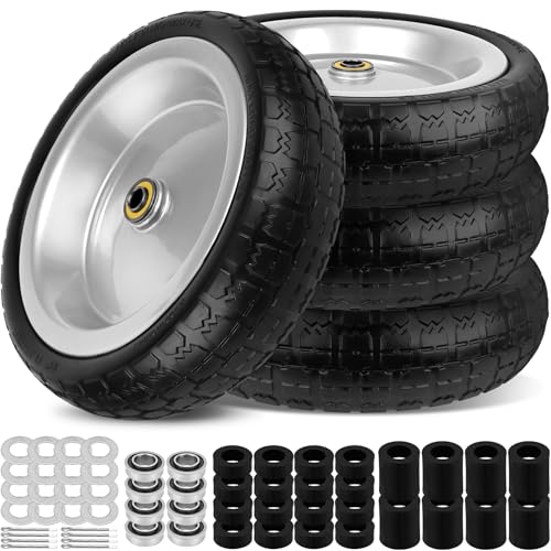 Image of 13 Inch Flat Free Wheels Tires 4.00-6 Solid Replacement with Universal 5 /8 inch Axle Bore Hole, 16 Spacers and 8 Pins, for Wheelbarrow, Garden Wagon, Hand Truck, Trolley, Lawn Mower, 4 Pack
