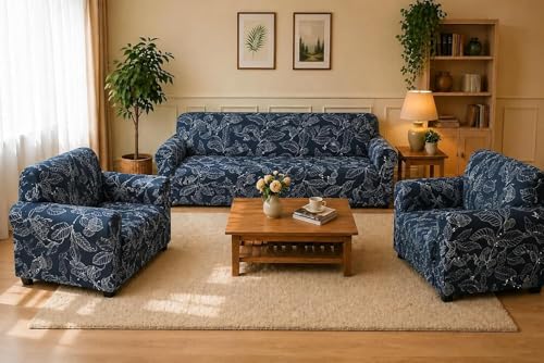 Image of Gifts Island Sofa Cover 3 Seater and 2 Seater Fully Covered Universal 5 Seater Sofa Cover Non-Slip Sticky Elastic Stretchable Sofa Set Slipcover Protector for (3+1+1 Seater) (Blue Ash)