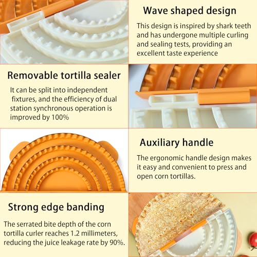Image of 4-in-1 Tortilla Sealer Crimper Press - Adjustable 4 inch-6 inch-8 inch-10 inch Tortilla & Taco /Burrito Maker Tool with Metal Edge | Easy to Clean, BPA-Free, Durable & Fun for Family Cooking (Orange & Cream)