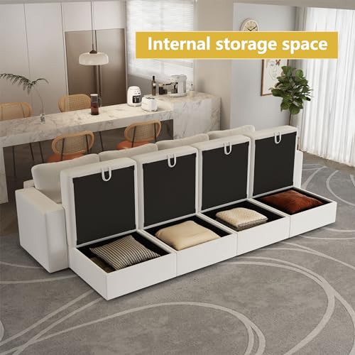 Image of QHITTY Modular Sofa, 4 Seater Accent Couch with Hidden Extra Large Storage Space for Living Room, Beige White