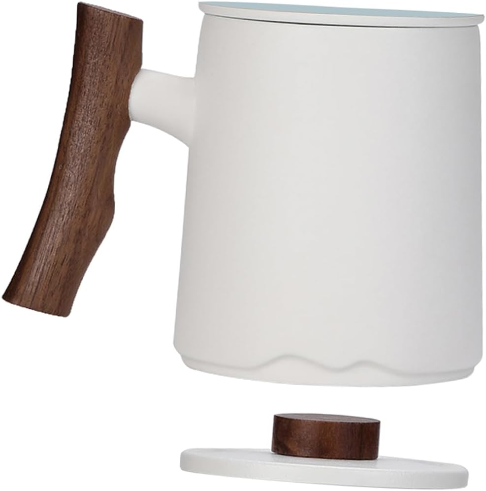 STOBAZA Ceramic Tea Infuser Mug with Wooden Handle 360ml White Porcelain Coffee Cup with Filter for Home Office for Tea Lovers
