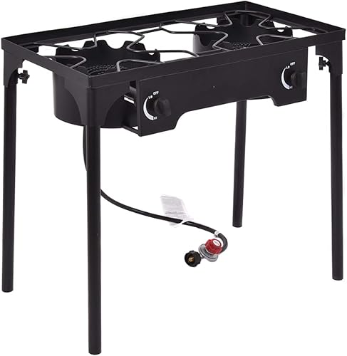 Happygrill Estufa de 2 quemadores de propano para exteriores, estufa de gas propano doble de alta presión con patas desmontables, salida de 150,000