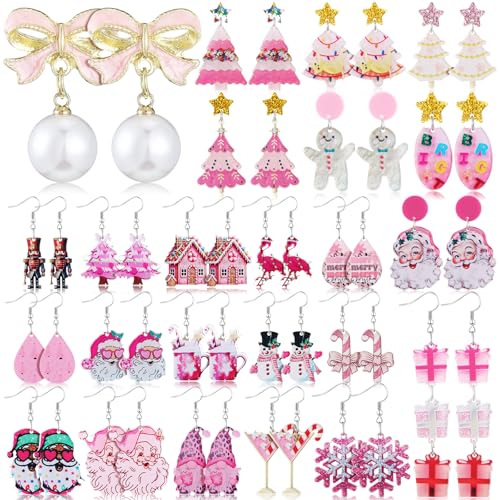Remuuly 24 Pairs Pink Christmas Earrings for Women Christmas Dangle Earrings Xmas Tree Santa Jewelry for Holiday Party Gifts