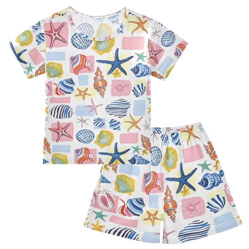 ALAZA Colorful Holiday Starfish Coral Reef Pajamas Set Short Sleeve Cotton Sleepwear Summer Pjs 2 Piece 5-14Y