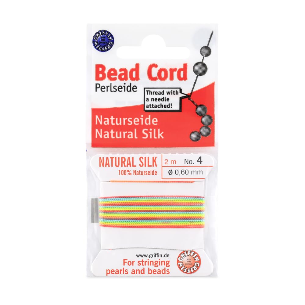 Beadalon Griffin Silk Thread Size #4 (.60 mm) Rainbow with Needle – Beading Cord for Pearl Knotting & Jewelry Making, 2m