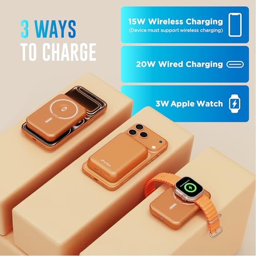 Image of URBN Curve 3 in 1 Wireless Power Bank for iPhone, 10000mAh MagSafe Fast Charging for Apple AirPods, iWatch, iPhone 12 & Above, Android & Other Qi Enabled Devices (Orange)