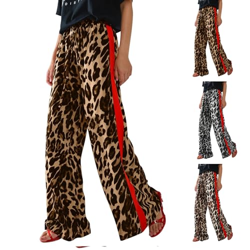 Kubbon Leopard Pants Women Elastic Waisted Wide Leg Pants Casual Stretchy Lounge Pant Palazzo Trousers with Pockets