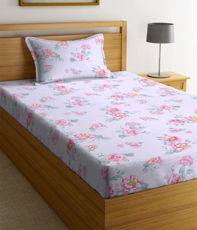 Image of NHD HOME Premium Glace Cotton 180 TC Flat Single Bedsheets for Summer Breathable | Wrinklefree (Size-60 X 90 Inch) with 1 Pillow Covers (Size-17 X 27 Inches, Small Floral Pink)