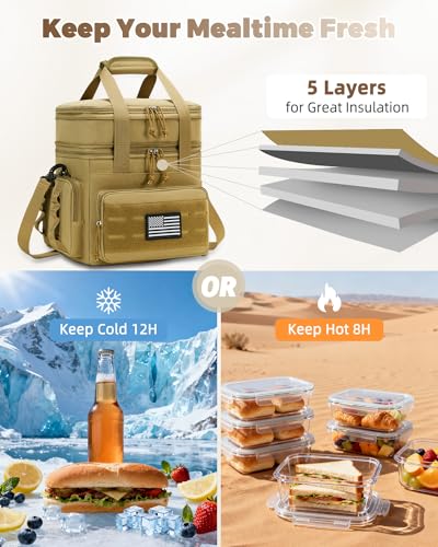 Image of Tactical Lunch Bag & Lunch Box for Men - Large Double Deck Expandable Insulated Soft Adult Lunchbox for Work - Cooler Bag for Beach, Picnic, Camping,Outdoor,Travel (Brown,23L)
