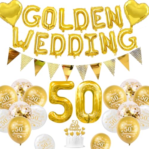 Decoracion Bodas Oro, Decoracion Aniversario Bodas 50 años Globos Happy 50th Anniversary Globos Blancos Oro Metálicos Pancarta 50 Golden Wedding Cake Topper