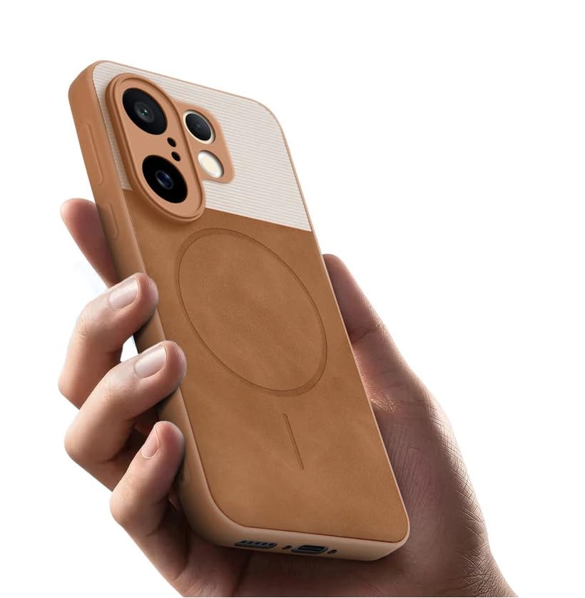 Image of Bintage CASE Mac Safe Design Hard Light Weight Back Case | Soft Border Camera Protect | Dual PU Leather Finish Back Cover Compatible for Vivo V60e 5G - White & Brown