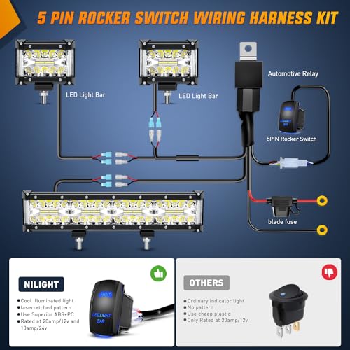 Image of Nilight Side Shooter LED Light Bar Set 12 Inch Triple Row Spot Flood Combo Lights 2PCS 4.3Inch Pods with 5Pin Rocker Switch Wiring Harness Kit for Off-Road Truck ATV UTV Boat