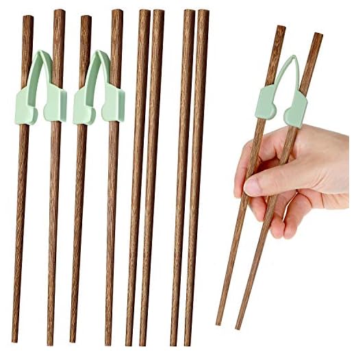 Nuenen 4 Pairs Wooden Chopstick and 2 Pieces Chopstick Helper Training Chopsticks Non-Slippery Reusable for Adults Beginner Trainers or Learner, Right or Left Handed