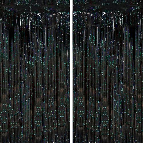 Image of Voircoloria 2 Pack Laser Black Tinsel Foil Fringe Curtains, Black Party Decorations, Metallic Tinsel Party Streamers Backdrop for Birthday Halloween Masquerade New Years Gatsby 1920s Party Decorations