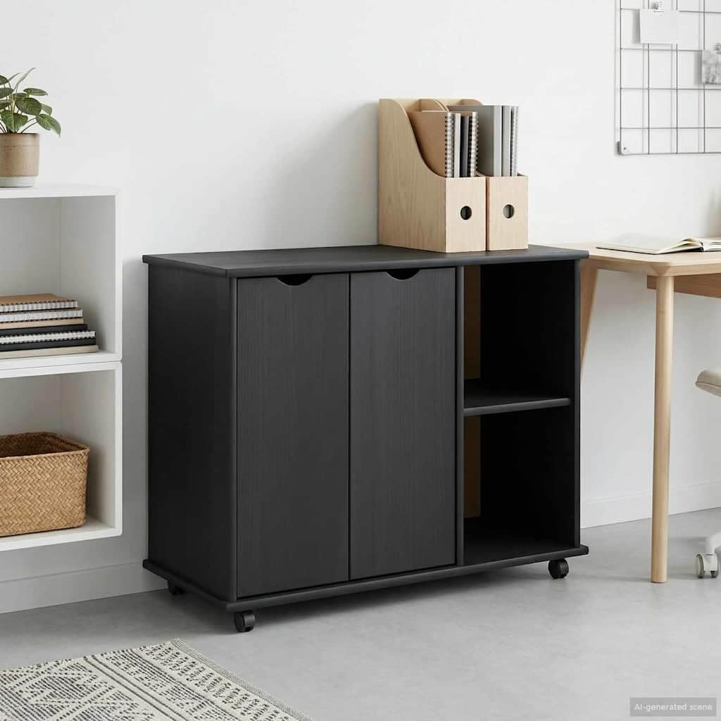 Armadio con ruote, grigio, in legno di pino massiccio, 100 x 39 x 65,5 cm, con cassetto, scaffale e spazio per riporre oggetti, per ufficio, attrezzi, ripiano e ordine in soggiorno o studio