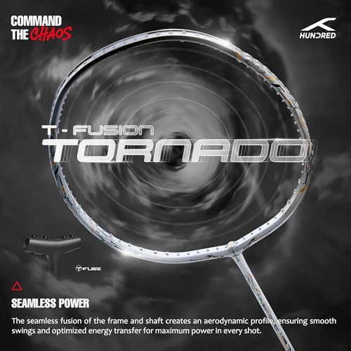 Image of Hundred T-Fusion Tornado Badminton Racket with Full Cover | ≤32 lbs | Performance Racket | Sturdy Frame & Smooth Swing | Offensive Shots & Fast Game