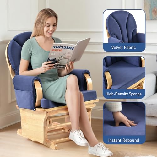 Image of Wooden Base Sliding Rocking Chair, Solid Wood Rocking Chair with Wooden Base Sliding Mechanism, Comfortable Feeding Chair Suitable for Nursery /Living Room /Bedroom (Natural Wood Blue)