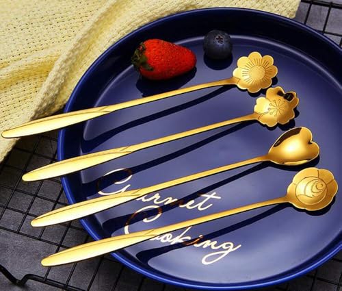 Image of Premium Gold Plated Stainless Steel Spoon Set with Floral Design Long Handle Coffee Tea Dessert Spoon Elegant Stirring Spoon for Kitchen
