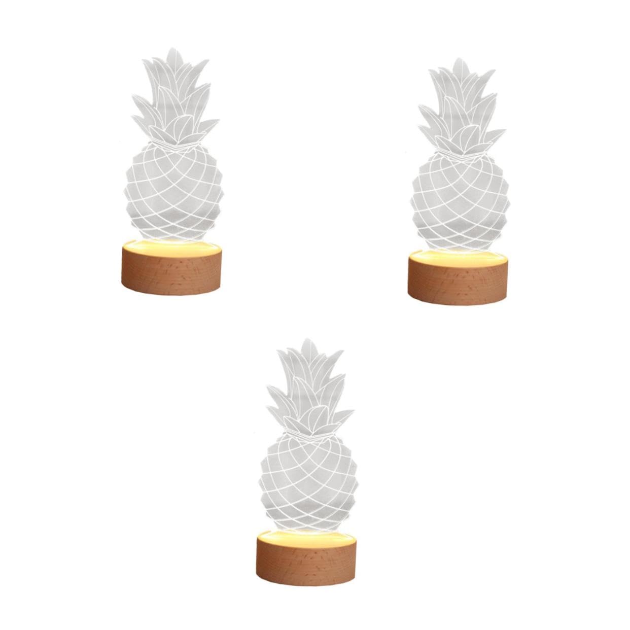 TEHAUX 3 Stck. Kreative Ananas LED Nachttischlampe mit Zartem Design und Langlebigem Material Dekoratives Nachtlicht für Wohnräume Geschenkidee Glattem Holzsockel Batteriebetrieben