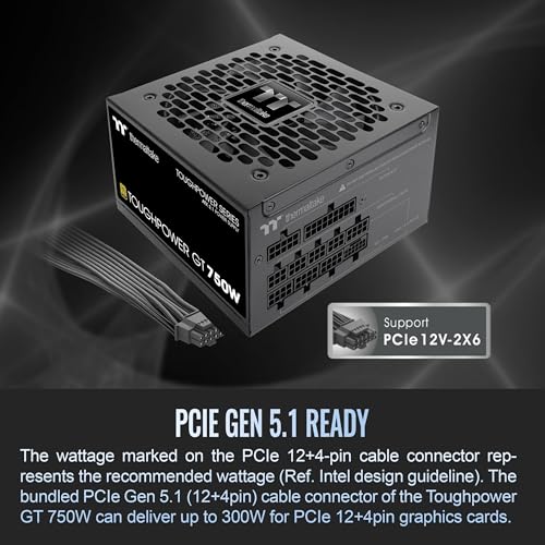 Image of Thermaltake Toughpower GT 750W ATX 3.1 Standard Power Supply; 80 Plus Gold Efficiency; Smart Zero Fan; Native 300W PCIe 5.1 Connector; PS-TPT-0750FNFAGU-3; 5 Year Warranty