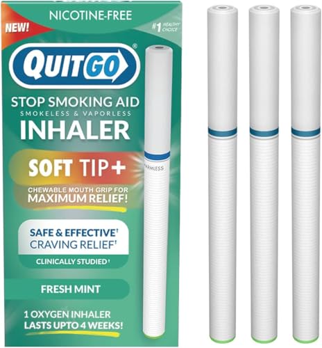 QuitGo Soft-Tip Smokeless Vapor-Less Inhaler | 100% Natural Nicotine-Free Inhaler for Oral Support Habit Replacement When You Want to Quit Smoking (3 Pack Fresh Mint)