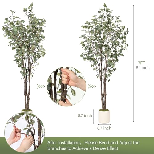 GarveeHome Artificial Eucalyptus Tree, 7ft Tall Fake Artificial Plant with White Planter,Large Faux Floor Plant Fake Silk Trees with 100 Lights Artificial Trees for Home Decor Indoor