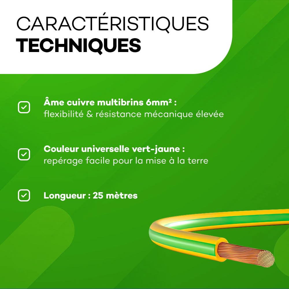 Câble de terre 6mm² - H07V-K Vert/Jaune - Longueur 25m - Souple & Robuste - Spécial Photovoltaïque, Mise à la Terre & Usage Intensif - Résistant Eau, Flammes & Produits Chimiques