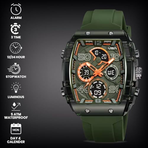 Image of V2A Impact-AXON 3103 Analog-Digital Watch for Men | Unique Tonneau Case & Multi-Layered Dial Design | Bold Fashion Performance Watch with 3 Time Zones, Countdown, 50M Water Resistance & Backlight