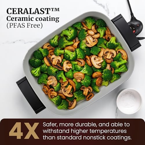 Image of Elite Gourmet 15 inch x 12 inch x 3 inch Stow-Away Foldable Electric Skillet, Ceralast PFAS Free Ceramic, 1500W Rapid Heat, Dishwasher Safe Pan & Lid, Black /Grey