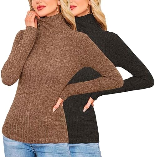 2 Pack Womens Long Sleeve Turtleneck Shirts Basic Fall Thermal Lightweight Pullover Tops Trendy Comfy Undershirts