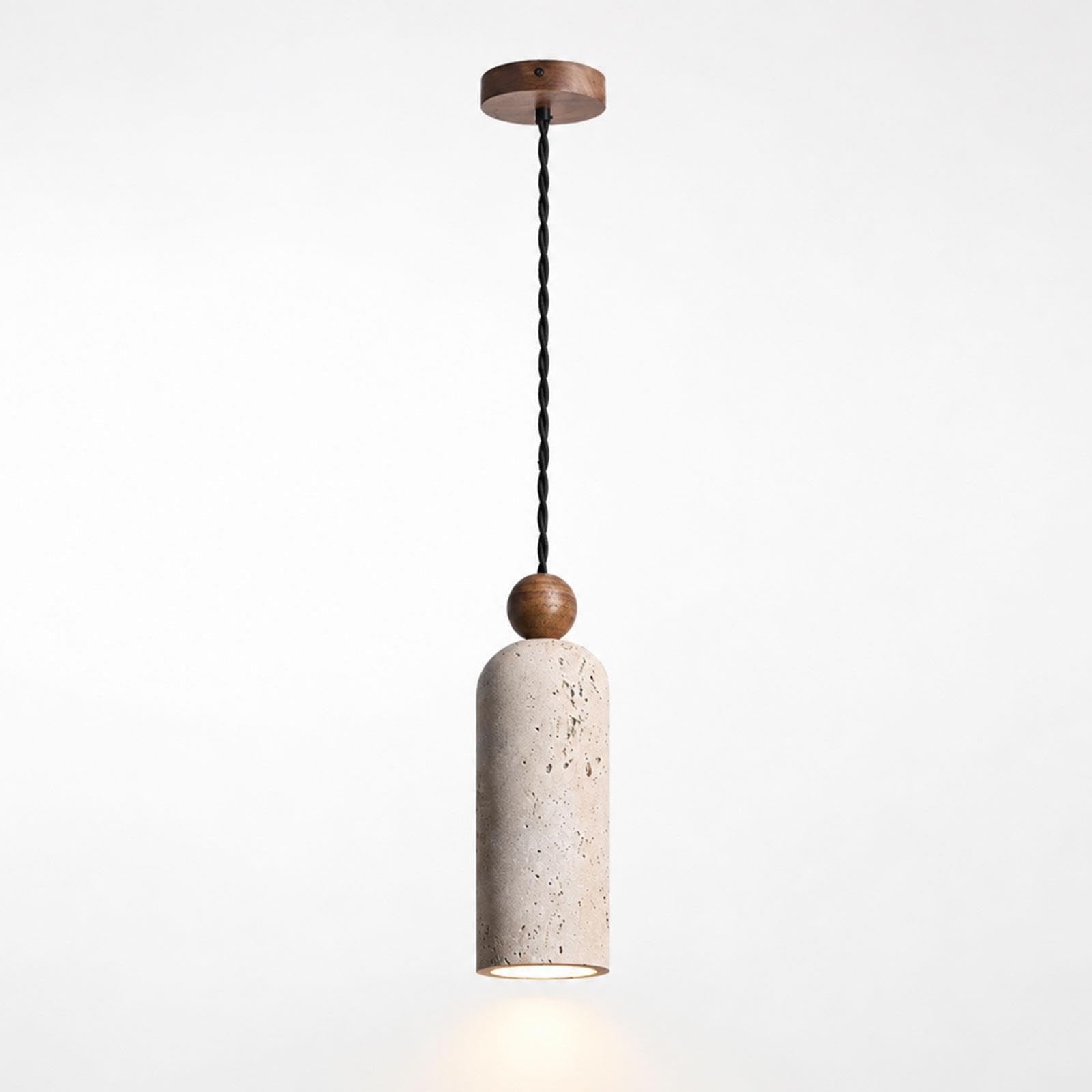 Lámpara colgante cilíndrica moderna de piedra con detalles en madera maciza