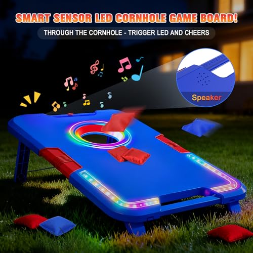 Image of VATOS Portable Cornhole Board Set with LED Lights & Sound Effects, Scoring, Foldable - 2 Boards & 8 Bean Bags for Backyard, Camping, Tailgate Parties, Outdoor Cornhole Games for Kids and Adults Family