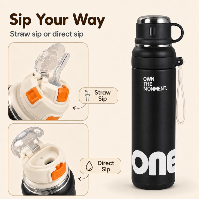 Image of Homero Premium Steel Bottle 1 Litre 1 L, Black Water Bottle with Cup & Straw, Leak Proof Sleek Metal Design for Office, Gym, School, College & Travel Use - Midnight Black