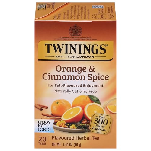 Twinings Orange & Cinnamon Spice Herbal Tea Individually Wrapped Bags, 20 Count (Pack of 1), Naturally Caffeine-Free, Enjoy Hot or Iced, 20 Teabags