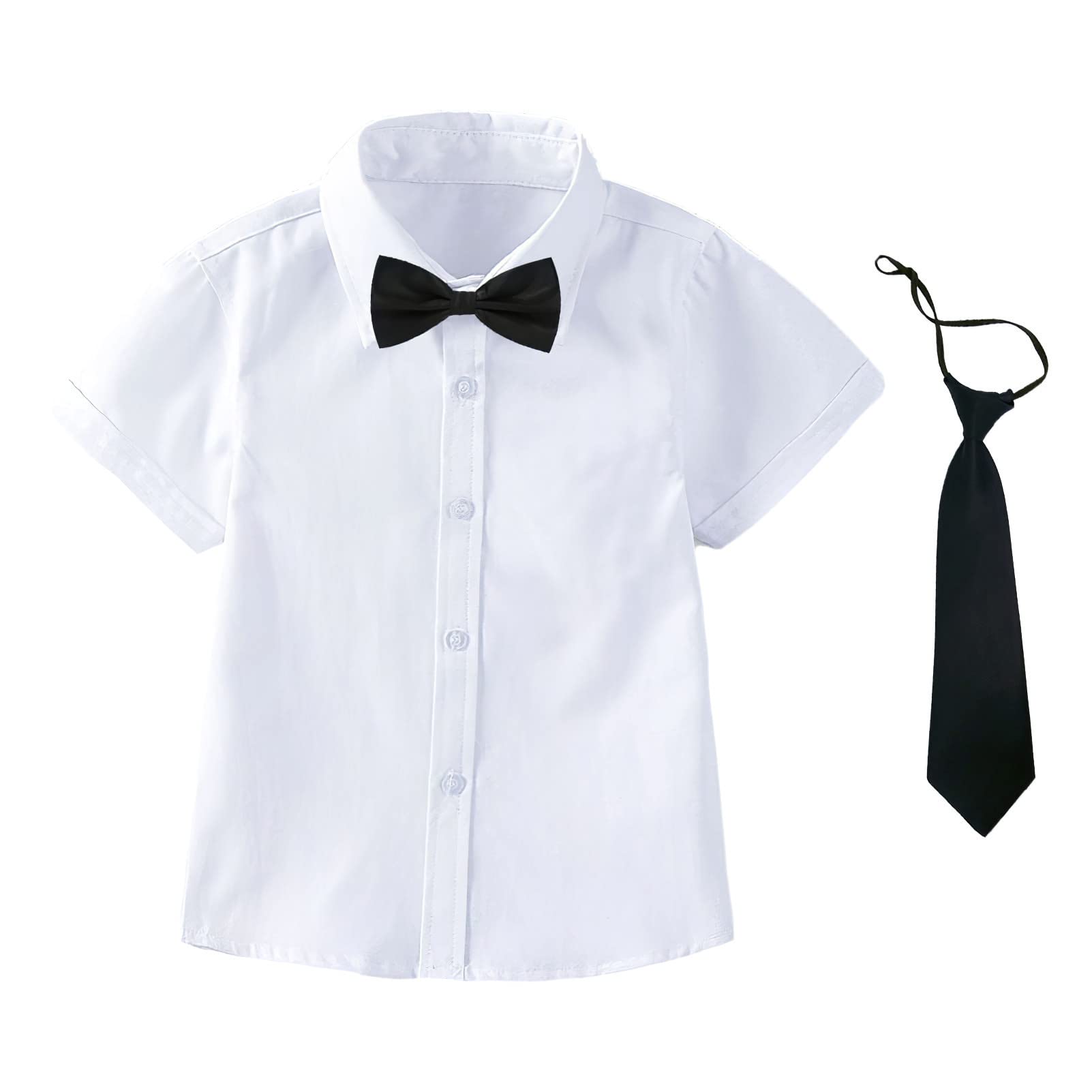 Garçons Manche Courtes Chemise Habillée Bouton Down L'école Uniforme Hauts Vêtements avec Cravate et Nœud Papillon