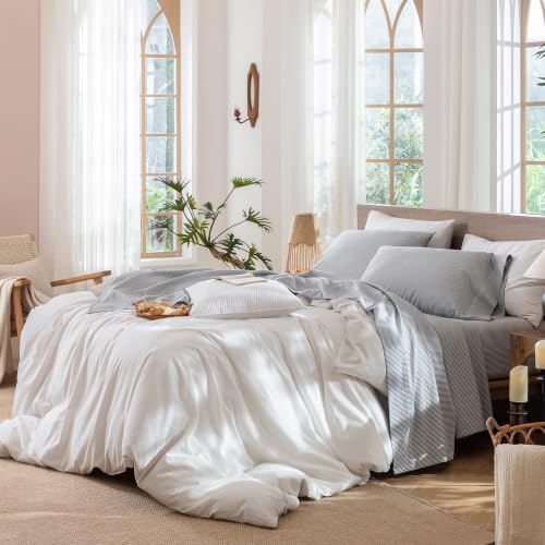 Image of MooMee Striped Sheet Set 100% Washed Cotton Linen Like King