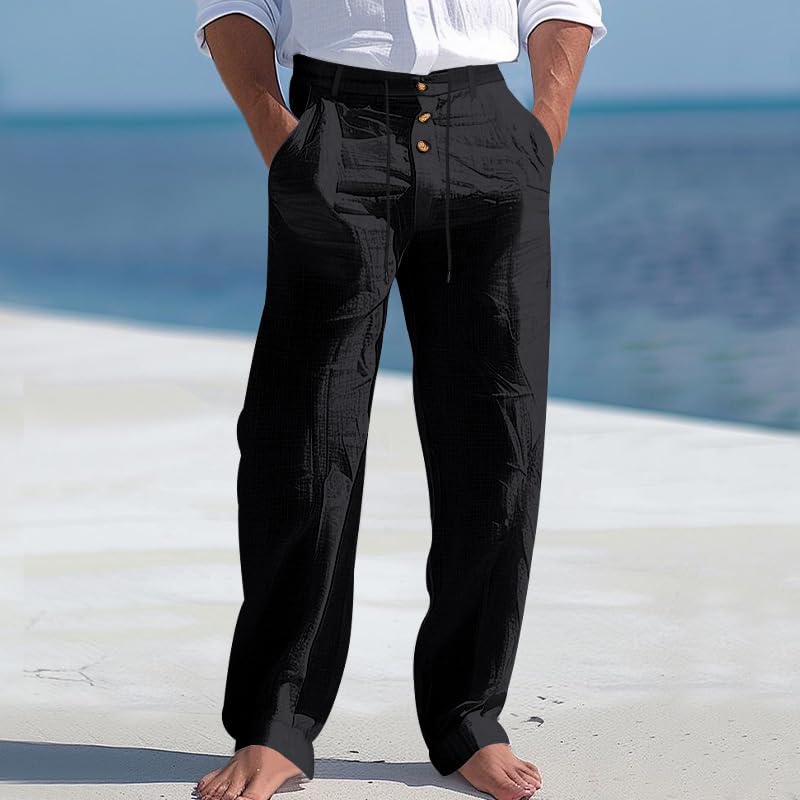 Men's Cotton Linen Button Pants Beach Drawstring Straight Pant Loose Fit Breathable Yoga Trousers with Pockets2