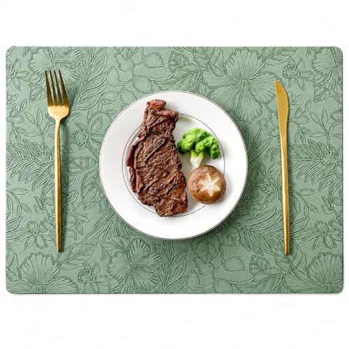 Image of Yelona Premium Faux Leather Placemat Set of 4 | Printed Floral Design, Waterproof & Heat Resistant Table Mat | Non-Slip, Washable for Dining, Kitchen & Home Decor (Green, 43 x 30 cm)