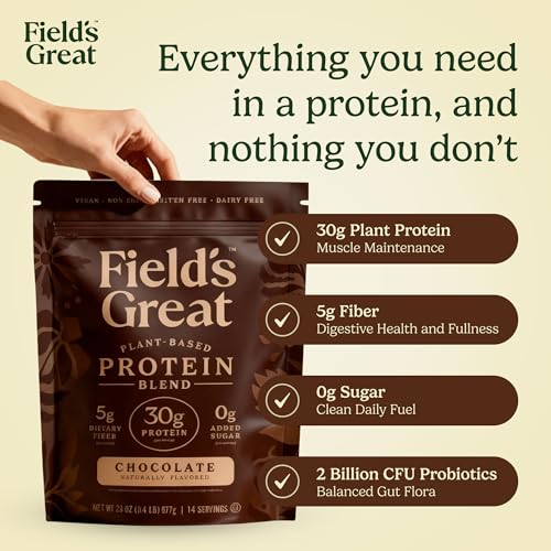 Image of Field's Great All-in-One Plant-Based Chocolate Protein Shake Powder -Healthy Aging, 30g Protein, 5g Fiber + Probiotics, Gut-Friendly, Blood Sugar & Muscle Support, Vegan Meal Replacement, GLP1, 23oz