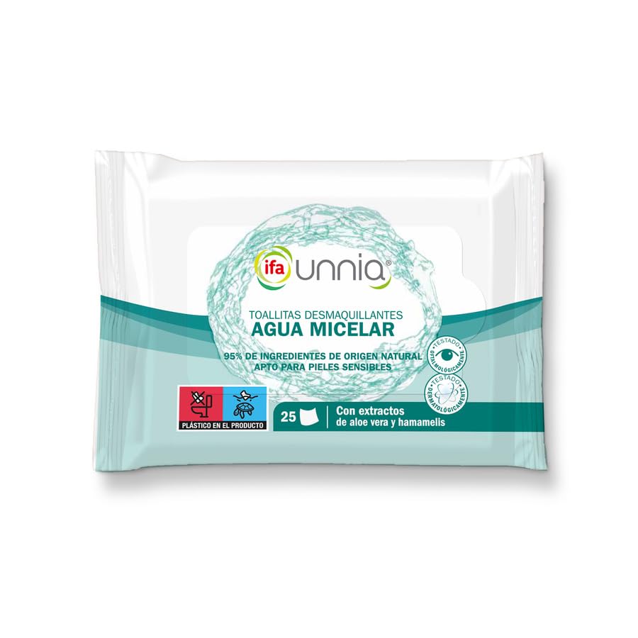 IFA UNNIA - Toallitas Desmaquillantes Agua Micelar - 25 Unidades - Limpieza Facial 95% Origen Natural - Con Aloe Vera y Hamamelis - Para Pieles Sensibles