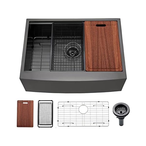 30 inch Black Undermount Farmhouse Kitchen Sinks, 30x22x10 Inch 16 Gauge Black Stainless Steel Apron Front Workstation Sink Kitchen With Accessories BL21S