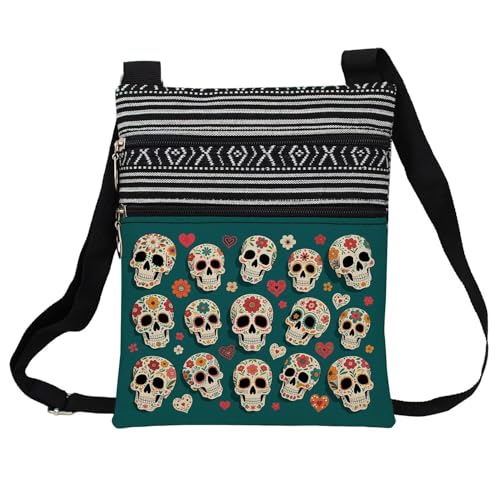 Floral Skull Messenger Bag Small Ethnic Pattern Adjustable Strap Crossbody Zipper Pouch Floral Skull Phone Organizer Wallet Cute Shoulder Handbag for Women Friends-2