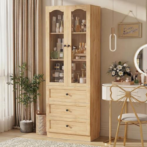 Image of Cyclysio 80 inch Tall Pantry Cabinet for Kitchen Storage, Natural Oak Pantry Cabinet with Glass Doors & 3 Drawers - Freestanding Storage Bookcase with Built-in Baseboard Notch for Dining, Living Room